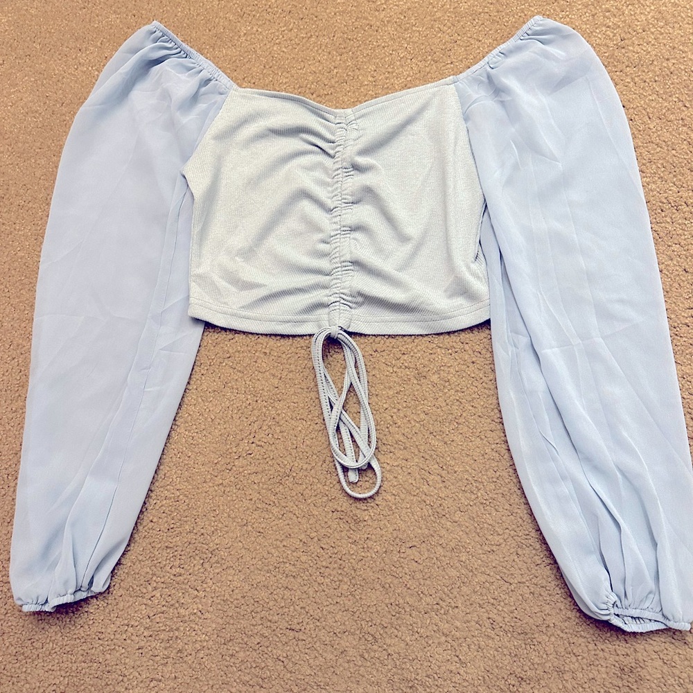 Drawstring long sleeve mesh top
